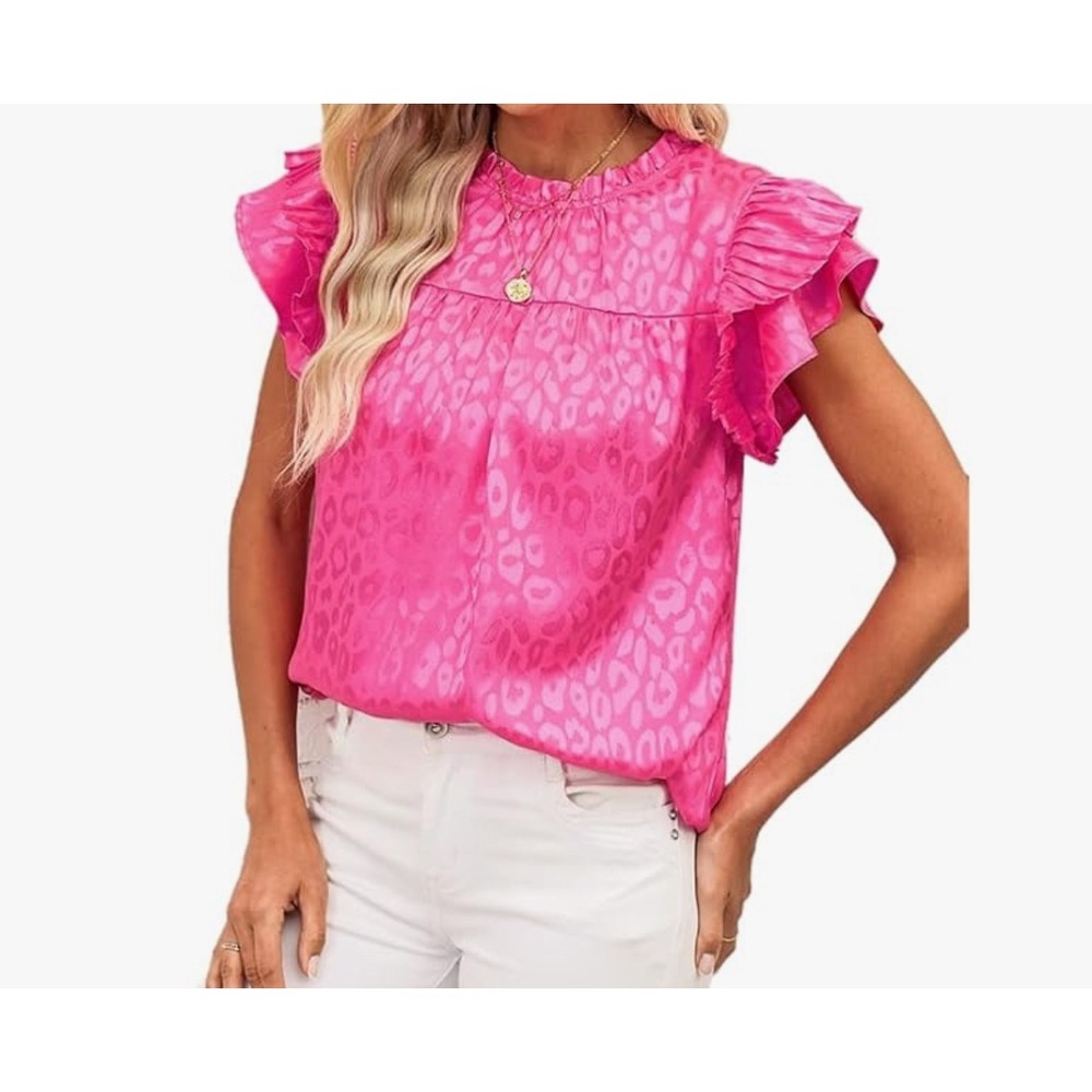 Hot Pink Leopard Flutter Sleeve Blouse Women XS Barbiecore Feminine Chic